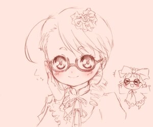 Rating: Safe Score: 0 Tags: 1girl ahoge blush bow flower glasses hair_ornament image kanaria long_sleeves looking_at_viewer monochrome simple_background smile solo upper_body User: admin