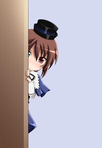 Rating: Safe Score: 0 Tags: 1girl :o blush brown_hair frills hat heterochromia image long_sleeves looking_at_viewer peeking_out red_eyes short_hair simple_background solo souseiseki suiseiseki top_hat User: admin