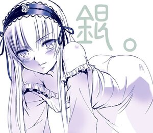Rating: Safe Score: 3 Tags: 1girl bangs bare_shoulders blush closed_mouth flower frills hairband image lolita_hairband long_hair looking_at_viewer monochrome off_shoulder purple_theme ribbon rose rozen_maiden simple_background smile solo suigintou urase_shioji User: admin