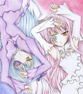 Rating: Safe Score: 0 Tags: 2girls arms_up barasuishou detached_sleeves dress eyepatch flower frills image kirakishou long_hair long_sleeves looking_at_viewer multiple_girls on_back pair pink_hair rose rotational_symmetry traditional_media veil yellow_eyes User: admin