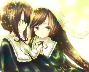Rating: Safe Score: 0 Tags: 2girls brown_hair dress frills green_dress green_eyes head_scarf image long_hair long_sleeves multiple_girls pair ribbon short_hair siblings sisters smile souseiseki suiseiseki twins very_long_hair User: admin