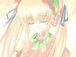 Rating: Safe Score: 0 Tags: 1girl bangs blonde_hair blue_eyes bow bowtie dress flower green_neckwear image long_hair ribbon rose shinku solo tears upper_body User: admin