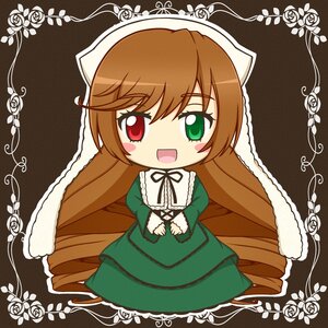 Rating: Safe Score: 0 Tags: 1girl :d brown_hair chibi dress flower green_dress green_eyes heterochromia image long_hair long_sleeves looking_at_viewer open_mouth red_eyes ribbon rose smile solo suiseiseki very_long_hair white_rose User: admin