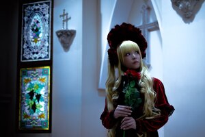Rating: Safe Score: 0 Tags: 1girl blonde_hair blue_eyes blurry dress long_hair long_sleeves painting_(object) photo shinku solo umbrella User: admin
