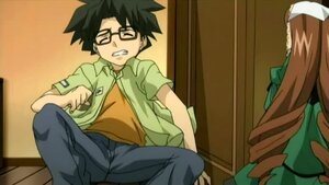 Rating: Safe Score: 0 Tags: 1boy 1girl black_hair brown_hair clenched_teeth closed_eyes glasses green_shirt image long_hair pants shirt solo suiseiseki teeth User: admin