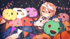 Rating: Safe Score: 0 Tags: 1girl bandage_over_one_eye bandages bat brown_hair candy food halloween happy_halloween heterochromia image jack-o'-lantern lollipop moon pumpkin solo souseiseki star_(symbol) User: admin