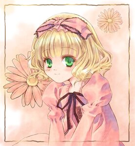 Rating: Safe Score: 0 Tags: 1girl bangs blonde_hair blush bow dress eyebrows_visible_through_hair flower frills green_eyes hina_ichigo hinaichigo image juliet_sleeves long_sleeves looking_at_viewer pink_bow pink_dress puffy_sleeves ribbon short_hair smile solo traditional_media upper_body yellow_flower User: admin