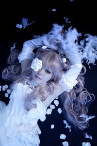 Rating: Safe Score: 0 Tags: 1girl arms_up blonde_hair dress flower kirakishou lips long_hair rose solo upper_body white_flower User: admin