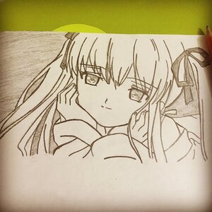 Rating: Safe Score: 0 Tags: 1girl chin_rest closed_mouth eyebrows_visible_through_hair graphite_(medium) hair_ribbon hands_on_own_cheeks hands_on_own_face image long_hair looking_at_viewer monochrome photo ribbon shinku smile solo traditional_media User: admin