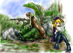 Rating: Safe Score: 0 Tags: 2girls assault_rifle blonde_hair brown_hair green_eyes gun hat image military military_uniform multiple_girls pantyhose rifle solo suiseiseki weapon User: admin
