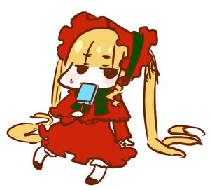 Rating: Safe Score: 0 Tags: 1girl black_eyes blonde_hair bonnet chibi dress drill_hair food full_body image long_sleeves popsicle red_dress ringlets shinku solo white_background User: admin