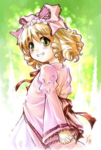Rating: Safe Score: 0 Tags: 1girl blonde_hair blush bow dress drill_hair green_eyes grin hina_ichigo hinaichigo image long_sleeves looking_at_viewer looking_back pink_bow short_hair smile solo wide_sleeves User: admin