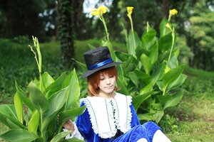 Rating: Safe Score: 0 Tags: 1girl blue_dress brown_hair dress flower garden hat long_sleeves nature outdoors plant short_hair smile solo souseiseki top_hat tree User: admin