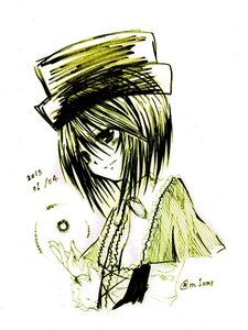 Rating: Safe Score: 0 Tags: 1girl closed_mouth eyebrows_visible_through_hair green_theme hat image long_sleeves looking_at_viewer monochrome short_hair simple_background smile solo souseiseki striped traditional_media upper_body white_background User: admin