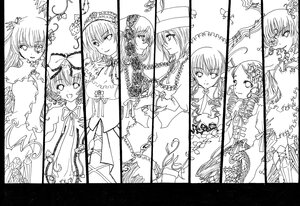 Rating: Safe Score: 0 Tags: 6+girls chain hairband hat image long_hair looking_at_viewer monochrome multiple multiple_girls short_hair smile suigintou tagme User: admin