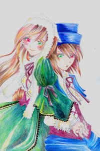 Rating: Safe Score: 0 Tags: 2girls auto_tagged dress frills green_eyes hat heterochromia holding_hands image interlocked_fingers long_hair long_sleeves looking_at_viewer multiple_girls pair red_eyes ribbon short_hair siblings sisters smile souseiseki suiseiseki traditional_media twins very_long_hair watercolor_(medium) User: admin