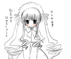 Rating: Safe Score: 0 Tags: 1girl blush bonnet dress drill_hair flower image long_hair long_sleeves looking_at_viewer monochrome shinku simple_background solo twin_drills twintails upper_body very_long_hair white_background User: admin