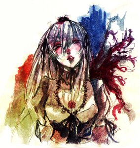 Rating: Safe Score: 0 Tags: 1girl choker dress flower hat image jewelry long_hair red_eyes red_flower rose solo suigintou traditional_media upper_body User: admin