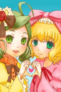 Rating: Safe Score: 0 Tags: 2girls ahoge auto_tagged blonde_hair bow drill_hair flower green_eyes green_hair hat heart heart_hands heart_hands_duo hina_ichigo hinaichigo image kanaria multiple_girls open_mouth pair pink_bow ribbon rose short_hair smile User: admin