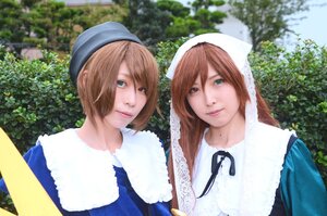 Rating: Safe Score: 0 Tags: 2girls blue_dress blue_eyes blurry brown_hair bush day depth_of_field green_eyes hat head_scarf heterochromia lips long_hair looking_at_viewer multiple_cosplay multiple_girls outdoors red_eyes siblings sisters smile souseiseki suiseiseki tagme tree twins User: admin