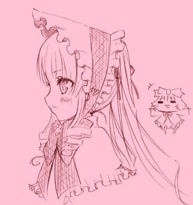 Rating: Safe Score: 0 Tags: 1girl blush blush_stickers bow frills image long_hair looking_at_viewer monochrome pink_background pink_theme shinku sketch solo umbrella User: admin