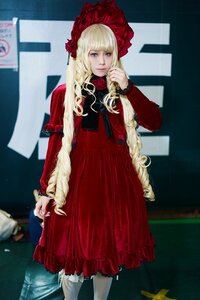 Rating: Safe Score: 0 Tags: 1girl bangs blonde_hair blue_eyes bonnet dress flower frills long_hair long_sleeves looking_at_viewer red_dress red_headwear shinku solo standing User: admin
