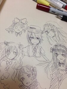 Rating: Safe Score: 0 Tags: akemi_homura bow flower hair_ornament hairband hat image long_hair looking_at_viewer monochrome multiple multiple_girls open_mouth photo sketch smile suigintou tagme traditional_media User: admin