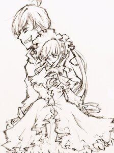 Rating: Safe Score: 0 Tags: 1boy 1girl dress greyscale grin image long_hair long_sleeves monochrome shinku smile solo torn_clothes twintails very_long_hair User: admin