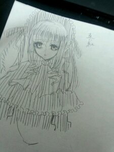 Rating: Safe Score: 0 Tags: 1girl dress greyscale image long_hair long_sleeves looking_at_viewer monochrome photo shinku sketch solo traditional_media wings User: admin