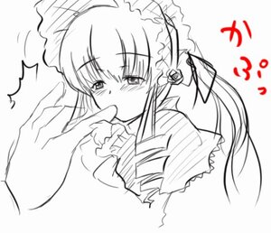 Rating: Safe Score: 0 Tags: 1girl blush dress eyebrows_visible_through_hair flower greyscale image long_hair long_sleeves monochrome rose shinku simple_background solo solo_focus striped twintails upper_body white_background User: admin