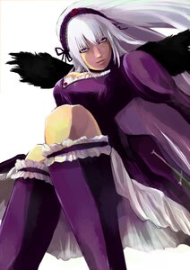 Rating: Safe Score: 0 Tags: 1girl black_wings detached_collar dress frills hairband image leg_garter lolita_hairband long_hair long_sleeves looking_at_viewer silver_hair sitting solo suigintou wings User: admin