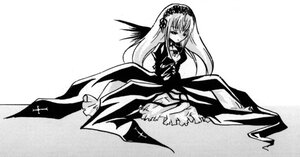 Rating: Safe Score: 0 Tags: 1girl black_wings dress frills full_body greyscale hairband image long_hair long_sleeves looking_at_viewer monochrome simple_background sitting solo suigintou very_long_hair wings User: admin