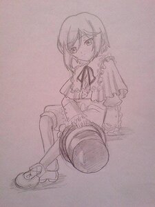 Rating: Safe Score: 0 Tags: 1girl capelet closed_mouth frills full_body image long_sleeves looking_at_viewer monochrome short_hair shorts sketch solo souseiseki traditional_media User: admin