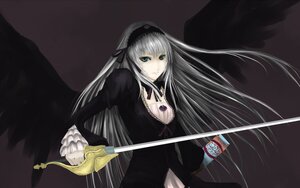 Rating: Safe Score: 0 Tags: 1girl black_dress black_ribbon black_wings breasts detached_collar dress flower frills hairband holding holding_weapon image long_hair long_sleeves looking_at_viewer ribbon rose silver_hair solo suigintou sword very_long_hair weapon wings User: admin