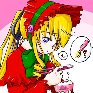 Rating: Safe Score: 0 Tags: 1girl ? blonde_hair blue_eyes blush bonnet bow dress flower image long_hair long_sleeves ribbon rose shinku simple_background solo speech_bubble spoken_musical_note spoken_question_mark upper_body User: admin
