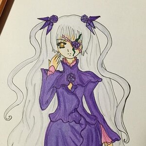 Rating: Safe Score: 0 Tags: 1girl barasuishou dress expressionless eyepatch flower frills hair_ornament image long_hair long_sleeves purple_dress purple_flower purple_rose solo traditional_media very_long_hair User: admin