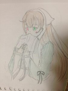 Rating: Safe Score: 0 Tags: 1girl bangs green_eyes holding image long_hair long_sleeves solo suiseiseki traditional_media upper_body User: admin