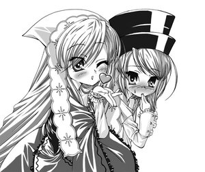 Rating: Safe Score: 0 Tags: 2girls blush frills greyscale hat heart image long_hair long_sleeves monochrome multiple_girls one_eye_closed pair souseiseki suiseiseki vertical_stripes User: admin