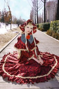 Rating: Safe Score: 0 Tags: 1girl blonde_hair building dress flower frills hair_ornament hands_together lace long_hair outdoors own_hands_together red_dress shinku solo standing tree v_arms User: admin