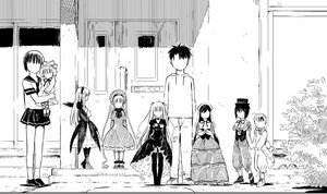 Rating: Safe Score: 0 Tags: 1boy 6+girls boots hat image long_hair monochrome multiple multiple_girls school_uniform serafuku short_hair skirt tagme User: admin
