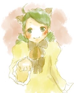 Rating: Safe Score: 0 Tags: 1girl ahoge animal_ears blush bowtie green_eyes green_hair image kanaria long_sleeves looking_at_viewer smile solo User: admin