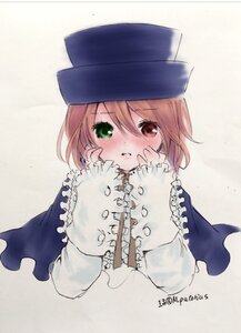 Rating: Safe Score: 0 Tags: 1girl bangs blue_dress blush brown_hair capelet dress eyebrows_visible_through_hair green_eyes hat heterochromia image long_sleeves looking_at_viewer parted_lips red_eyes short_hair solo souseiseki upper_body User: admin