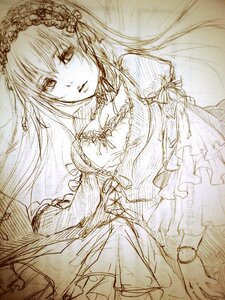Rating: Safe Score: 0 Tags: 1girl breasts cleavage dress flower frills hairband image long_hair long_sleeves looking_at_viewer medium_breasts monochrome solo suigintou traditional_media very_long_hair User: admin