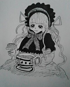 Rating: Safe Score: 0 Tags: 1girl bangs blunt_bangs cake cup dress food gothic_lolita greyscale hairband image lolita_fashion long_hair long_sleeves monochrome photo plate shinku sitting solo teacup traditional_media User: admin