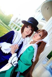 Rating: Safe Score: 0 Tags: 2girls apron blue_dress brown_hair building city dress green_dress green_eyes hat holding_hands long_hair long_sleeves multiple_cosplay multiple_girls souseiseki suiseiseki tagme top_hat User: admin