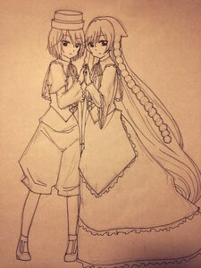 Rating: Safe Score: 0 Tags: 2girls blush braid dress frills hat holding_hands image long_hair long_sleeves looking_at_viewer monochrome multiple_girls pair short_hair souseiseki standing suiseiseki very_long_hair yuri User: admin