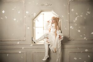 Rating: Safe Score: 0 Tags: 1girl bare_shoulders blonde_hair boots bridal_veil dress flower high_heel_boots high_heels indoors kirakishou knee_boots long_hair petals sitting solo wedding_dress white_dress white_footwear window User: admin