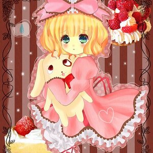 Rating: Safe Score: 0 Tags: 1girl blonde_hair blue_eyes blush bow cake dress food frills fruit heart hina_ichigo hinaichigo image pink_bow pink_dress rose short_hair solo strawberry stuffed_animal traditional_media User: admin