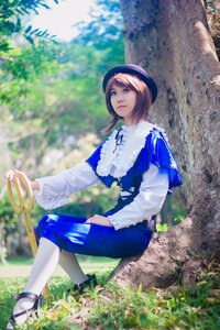 Rating: Safe Score: 0 Tags: 1girl blurry brown_hair day depth_of_field dress grass hat lips long_sleeves outdoors pants realistic sitting solo souseiseki tree white_legwear User: admin