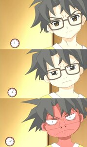 Rating: Safe Score: 0 Tags: 1boy analog_clock black-framed_eyewear black_hair clock close-up face glasses human looking_at_viewer multiple_views sakurada_jun screenshot solo spoken_squiggle squiggle User: admin